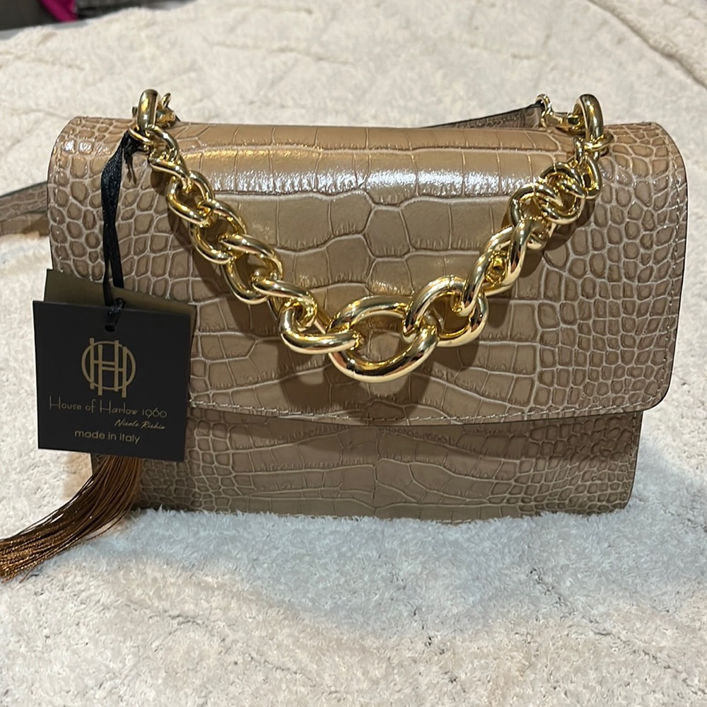 House of Harlow 1960 gold chain top handle croc beside crossbody